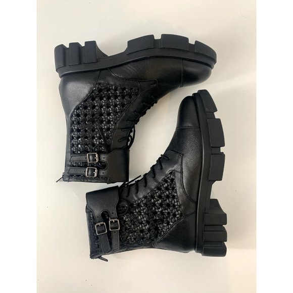 Free People Boots Asher Ankle Black Leather Weaved Side Combat Moto 38 / 7.5 NEW - Picture 8 of 9